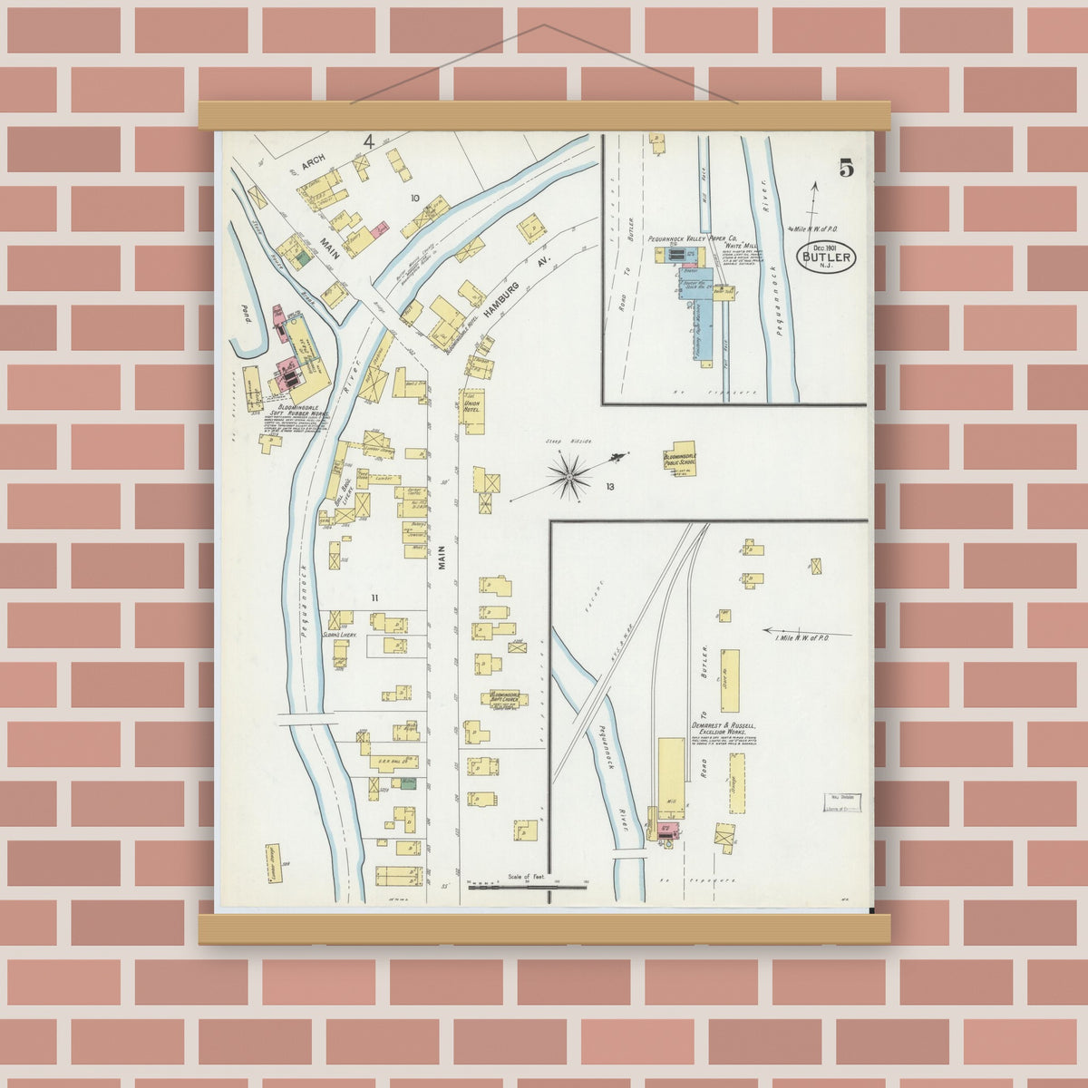 Old map wall art mockup — magnetic wood frame on brick wall — Sanborn Fire Insurance Map from Butler, Morris County, New Jersey (1901), Sheet #0005
