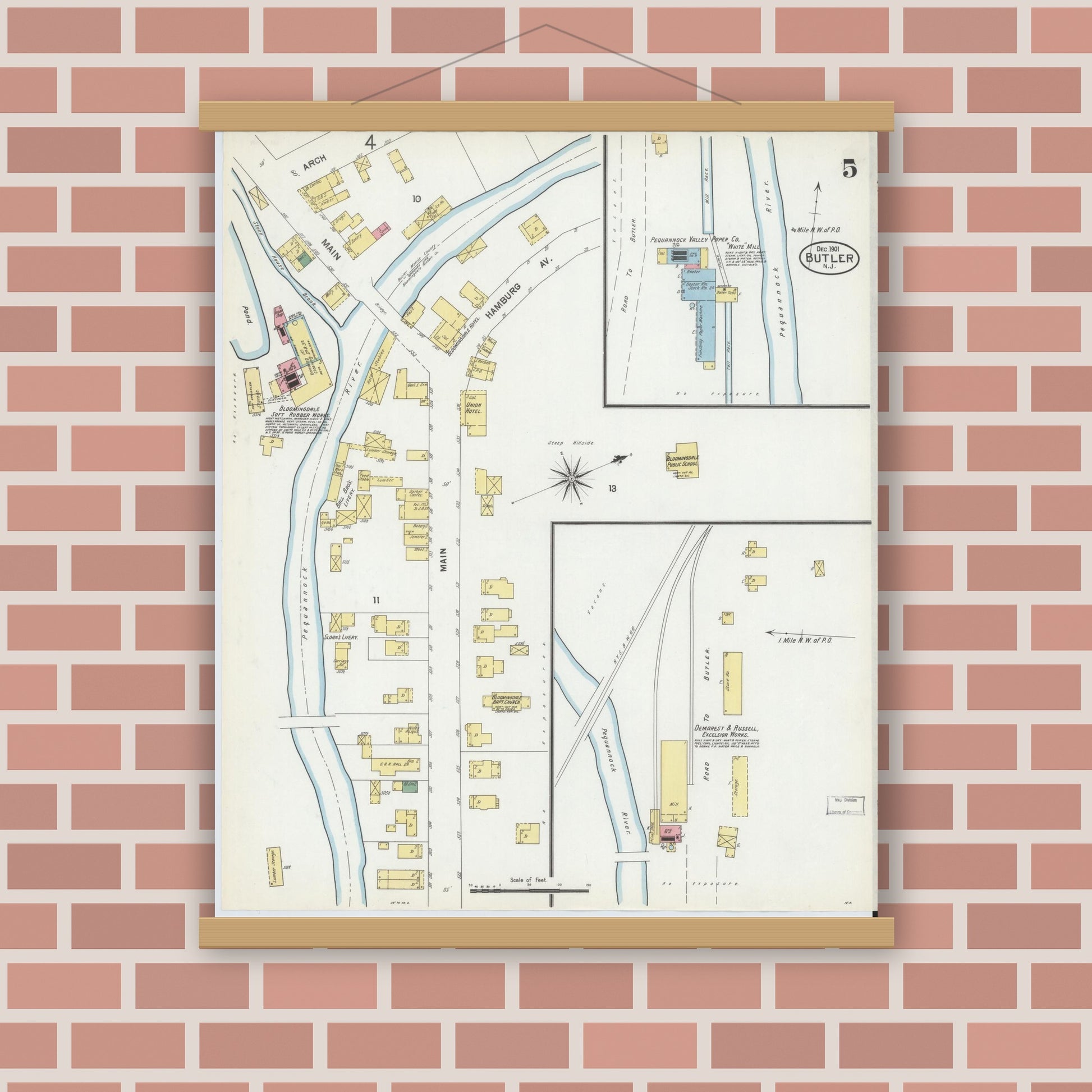 Old map wall art mockup — magnetic wood frame on brick wall — Sanborn Fire Insurance Map from Butler, Morris County, New Jersey (1901), Sheet #0005