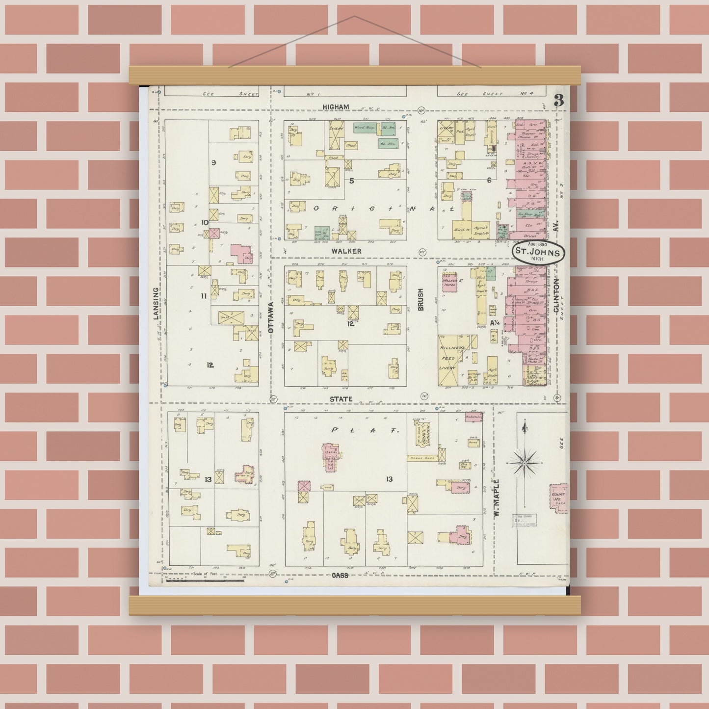 Old map wall art mockup — magnetic wood frame on brick wall — Sanborn Fire Insurance Map from Saint Johns, Clinton County, Michigan (1890), Sheet #0003
