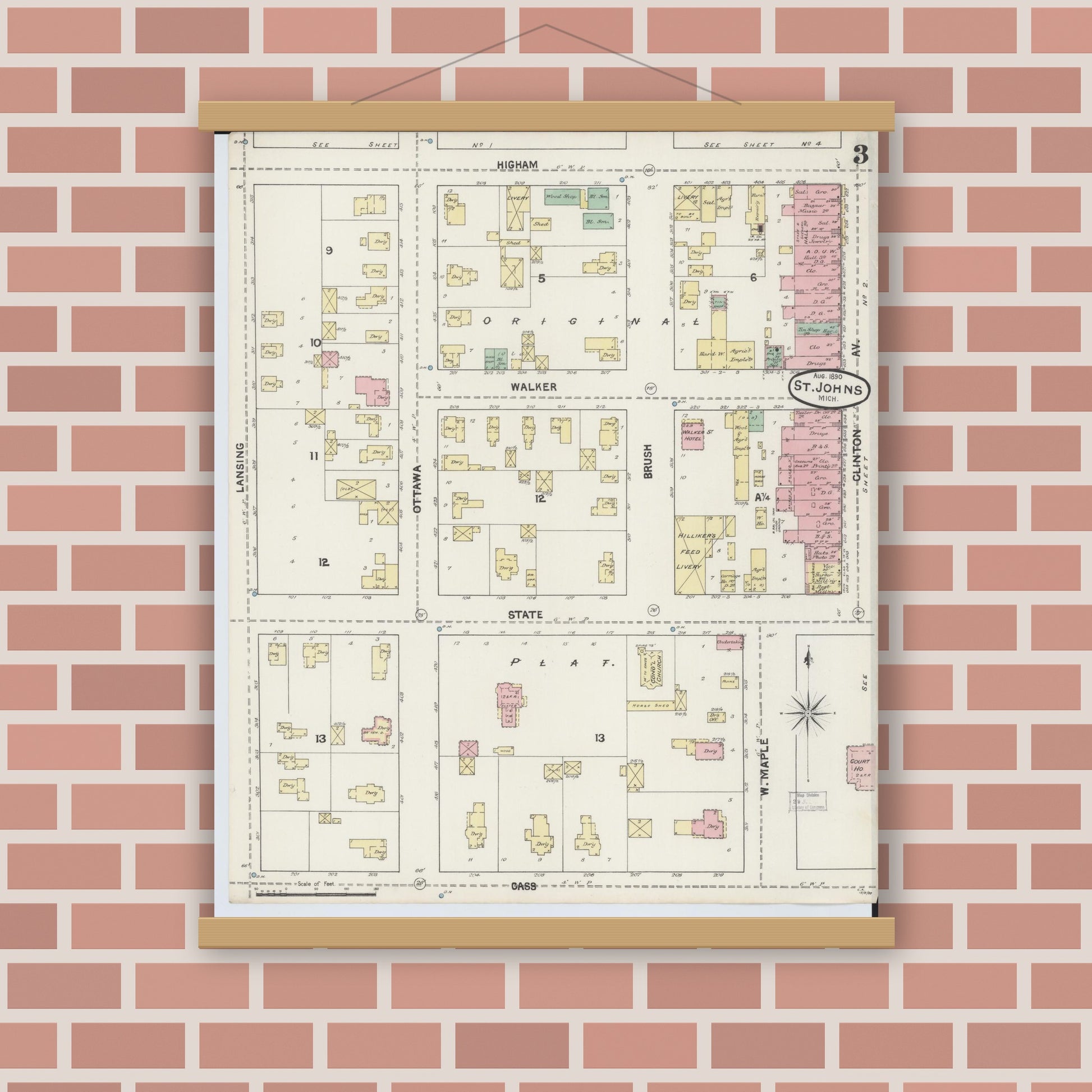 Old map wall art mockup — magnetic wood frame on brick wall — Sanborn Fire Insurance Map from Saint Johns, Clinton County, Michigan (1890), Sheet #0003