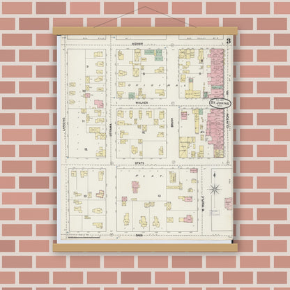Old map wall art mockup — magnetic wood frame on brick wall — Sanborn Fire Insurance Map from Saint Johns, Clinton County, Michigan (1890), Sheet #0003
