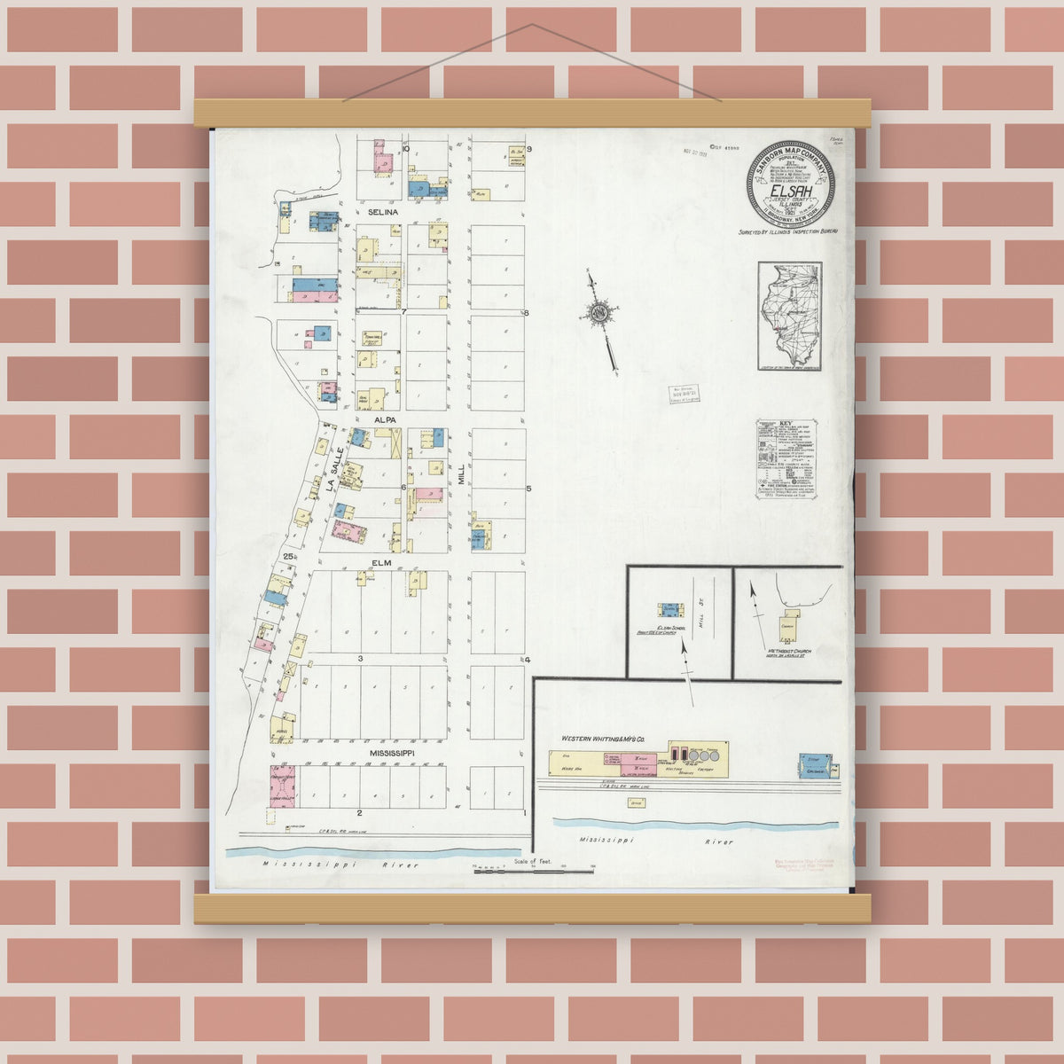 Old map wall art mockup — magnetic wood frame on brick wall — Sanborn Fire Insurance Map from Elsah, Jersey County, Illinois (1921), Sheet #0001