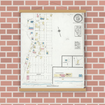 Old map wall art mockup — magnetic wood frame on brick wall — Sanborn Fire Insurance Map from Elsah, Jersey County, Illinois (1921), Sheet #0001
