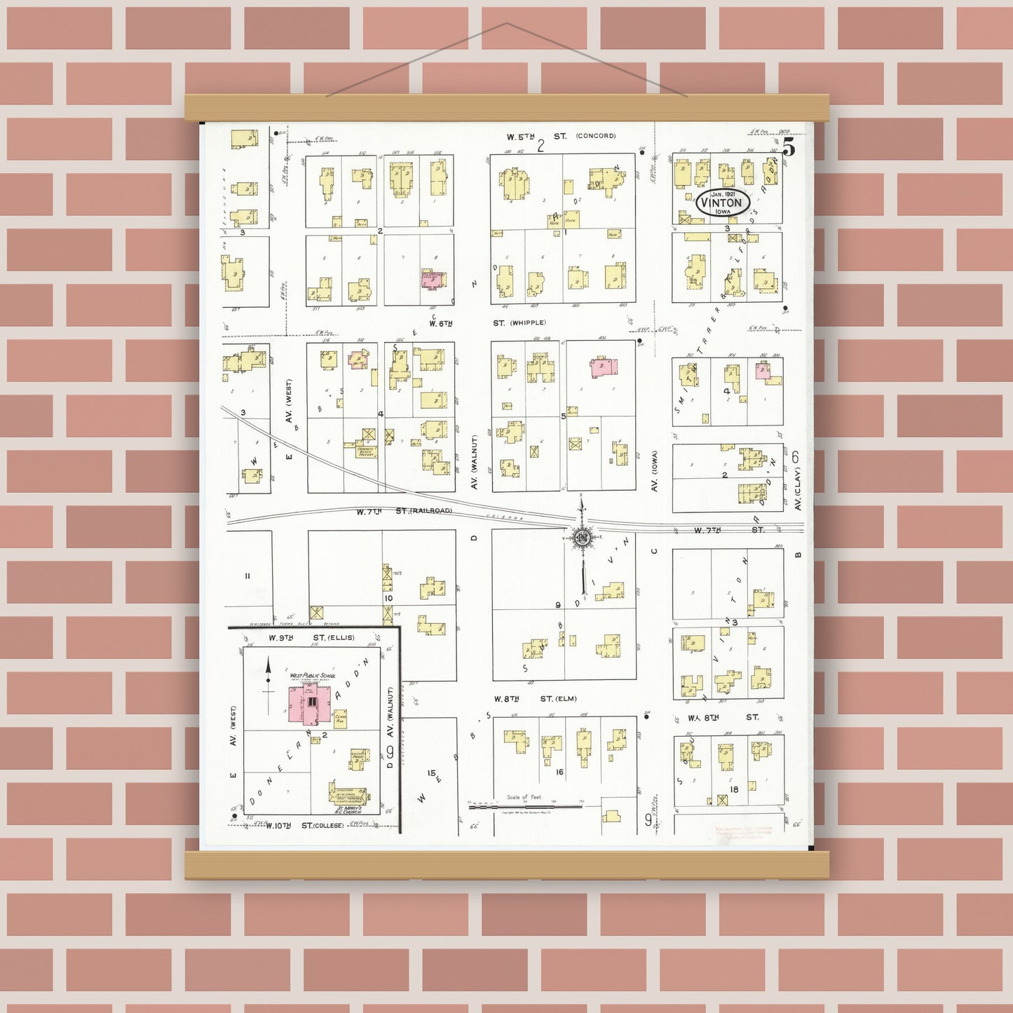 Old map wall art mockup — magnetic wood frame on brick wall — Sanborn Fire Insurance Map from Vinton, Benton County, Iowa (1921), Sheet #0005