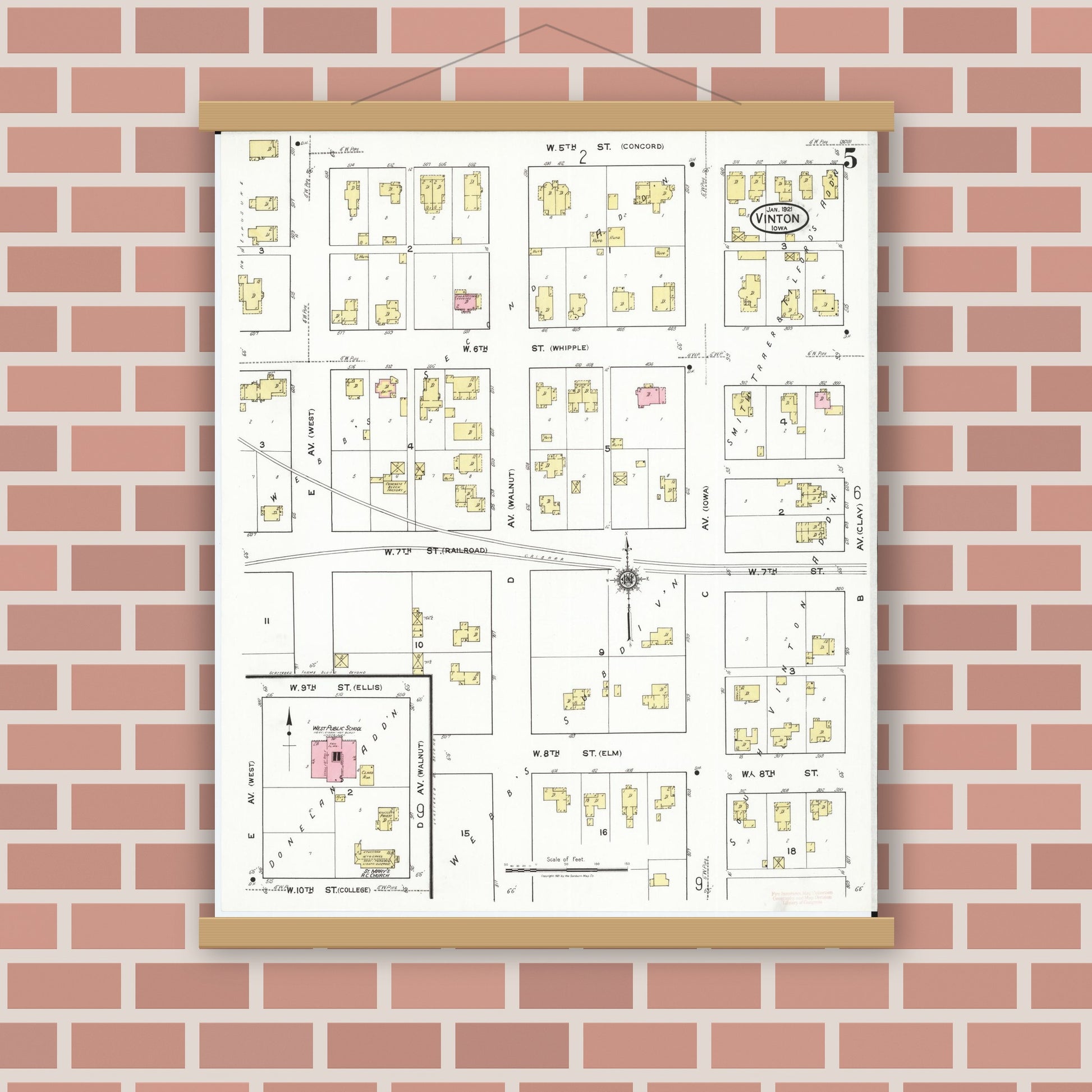Old map wall art mockup — magnetic wood frame on brick wall — Sanborn Fire Insurance Map from Vinton, Benton County, Iowa (1921), Sheet #0005