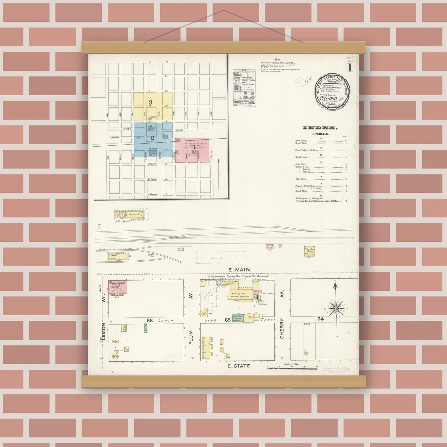 Old map wall art mockup — magnetic wood frame on brick wall — Sanborn Fire Insurance Map from Ontario, San Bernardino County, California (1891) - Complete Map Set