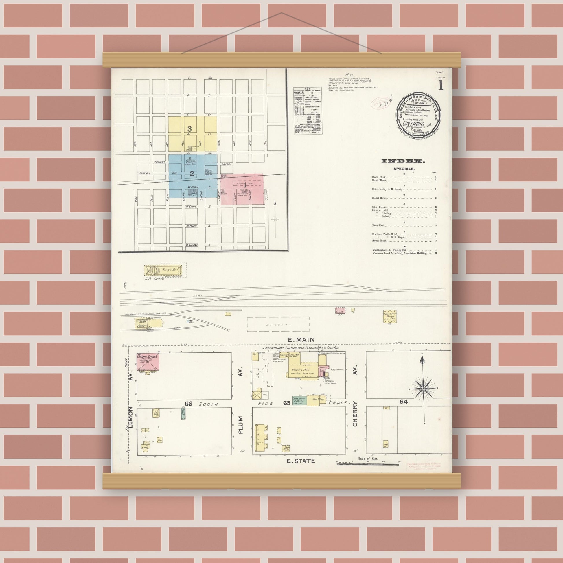 Old map wall art mockup — magnetic wood frame on brick wall — Sanborn Fire Insurance Map from Ontario, San Bernardino County, California (1891) - Complete Map Set