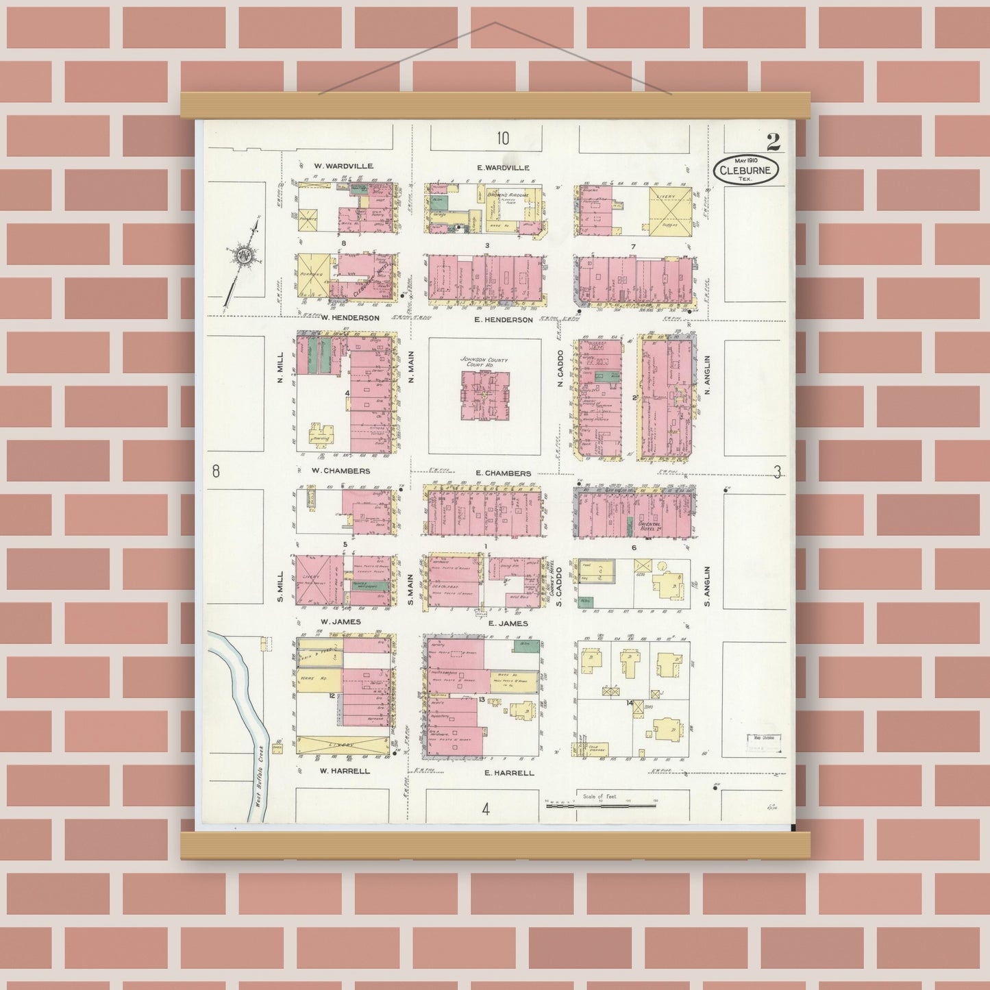 Old map wall art mockup — magnetic wood frame on brick wall — Sanborn Fire Insurance Map from Cleburne, Johnson County, Texas (1910), Sheet #0002