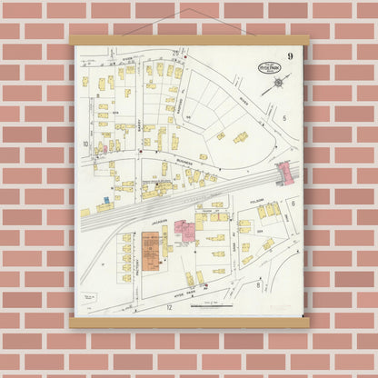 Old map wall art mockup — magnetic wood frame on brick wall — Sanborn Fire Insurance Map from Hyde Park, Norfolk County, Massachusetts (1917), Sheet #0009