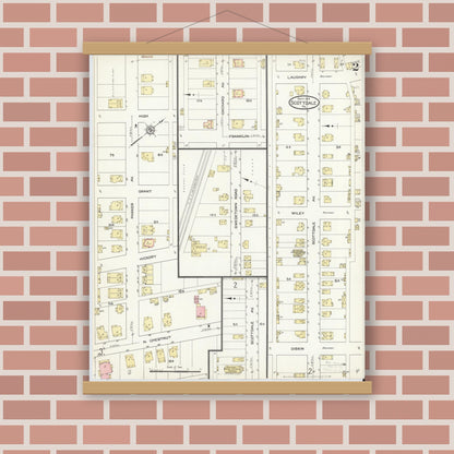 Old map wall art mockup — magnetic wood frame on brick wall — Sanborn Fire Insurance Map from Scottdale, Westmoreland County, Pennsylvania (1914), Sheet #0002