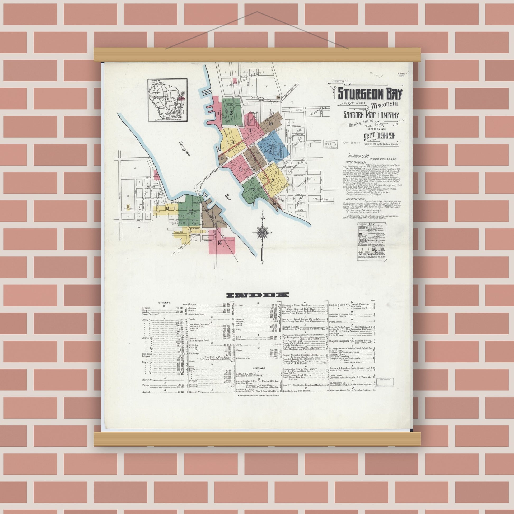 Old map wall art mockup — magnetic wood frame on brick wall — Sanborn Fire Insurance Map from Sturgeon Bay, Door County, Wisconsin (1919) - Complete Map Set