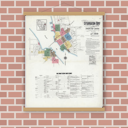 Old map wall art mockup — magnetic wood frame on brick wall — Sanborn Fire Insurance Map from Sturgeon Bay, Door County, Wisconsin (1919) - Complete Map Set