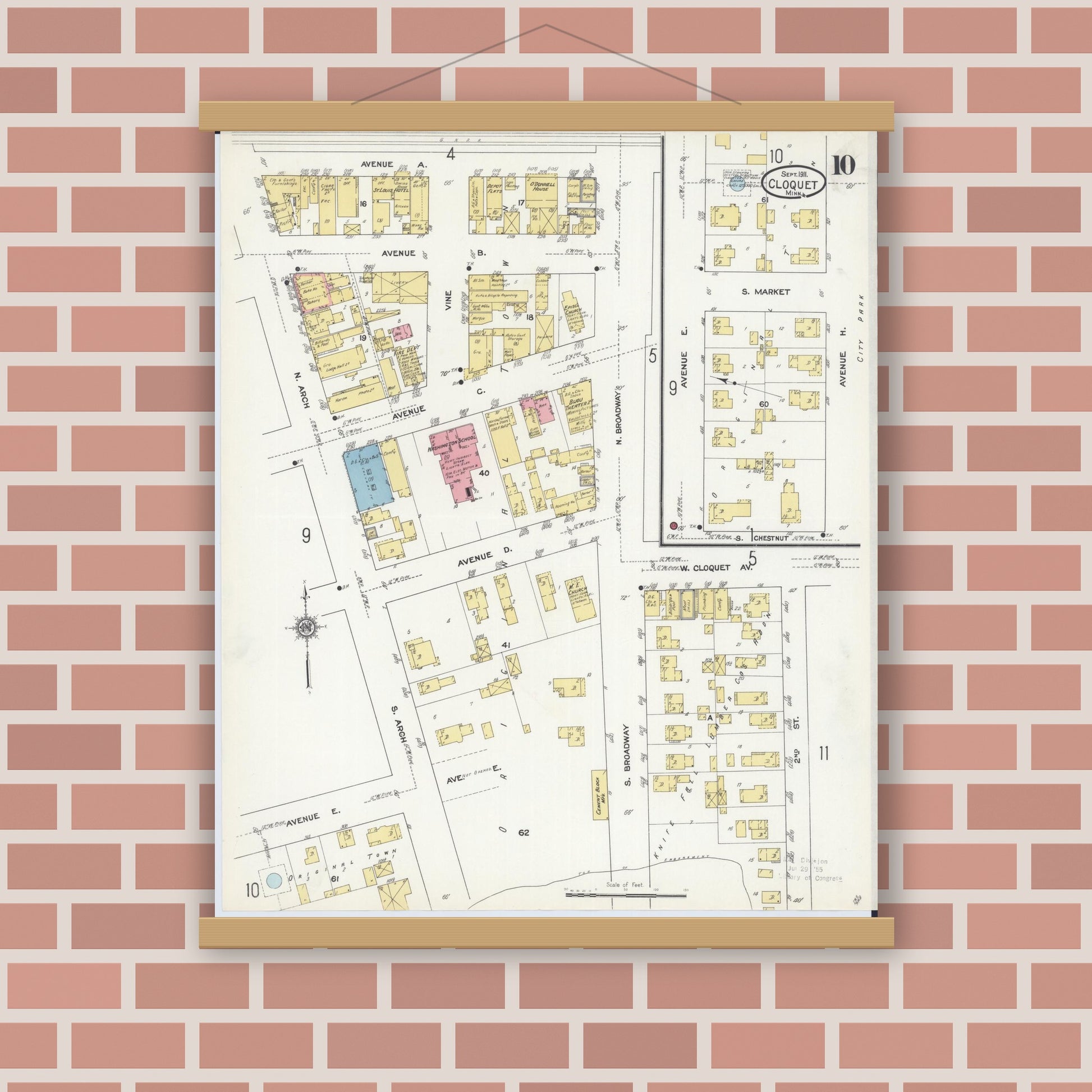 Old map wall art mockup — magnetic wood frame on brick wall — Sanborn Fire Insurance Map from Cloquet, Carlton County, Minnesota (1911), Sheet #0010