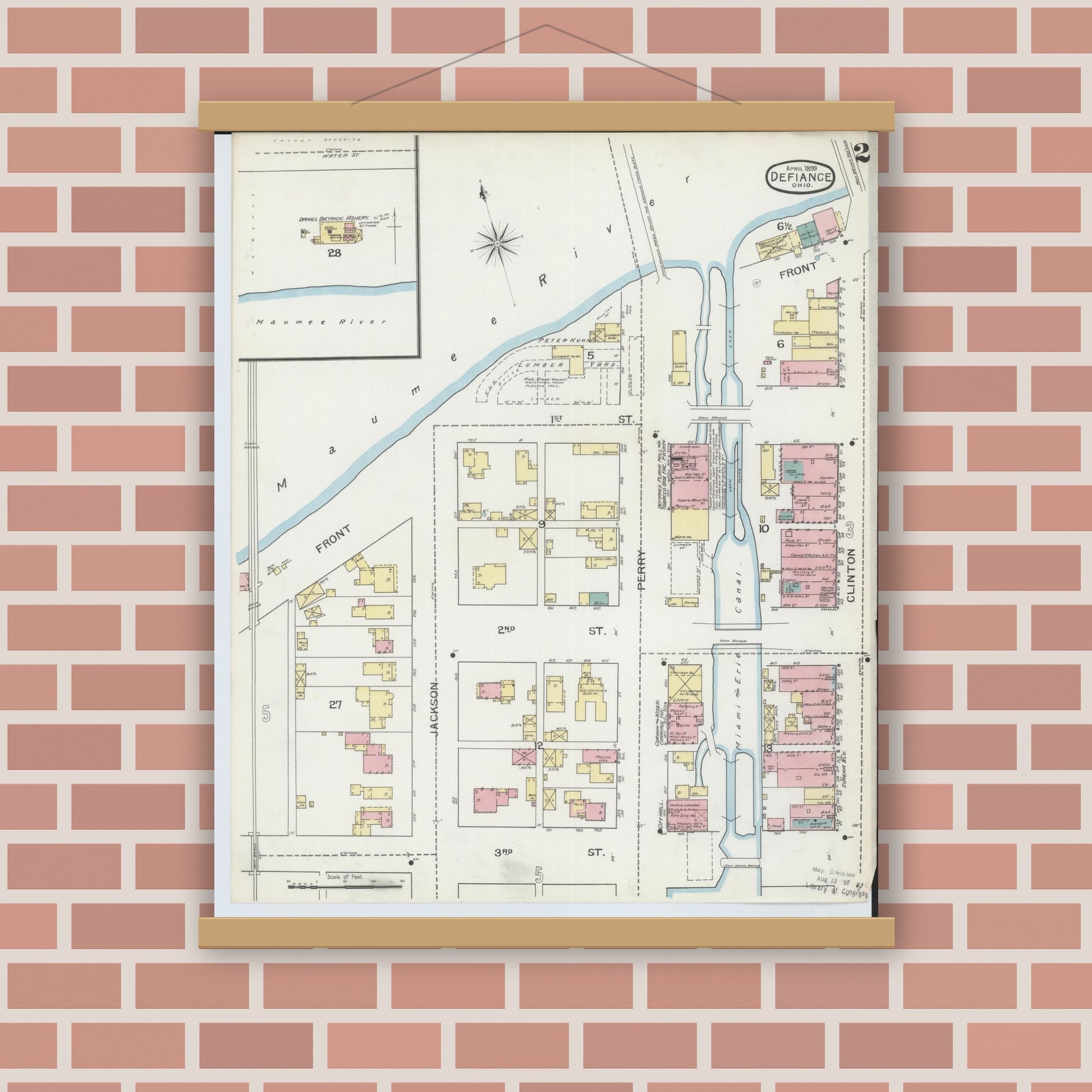 Old map wall art mockup — magnetic wood frame on brick wall — Sanborn Fire Insurance Map from Defiance, Defiance County, Ohio (1893), Sheet #0002