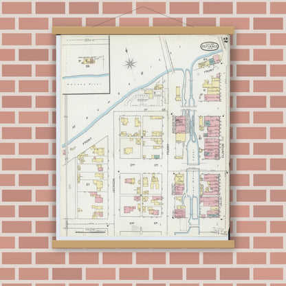 Old map wall art mockup — magnetic wood frame on brick wall — Sanborn Fire Insurance Map from Defiance, Defiance County, Ohio (1893), Sheet #0002