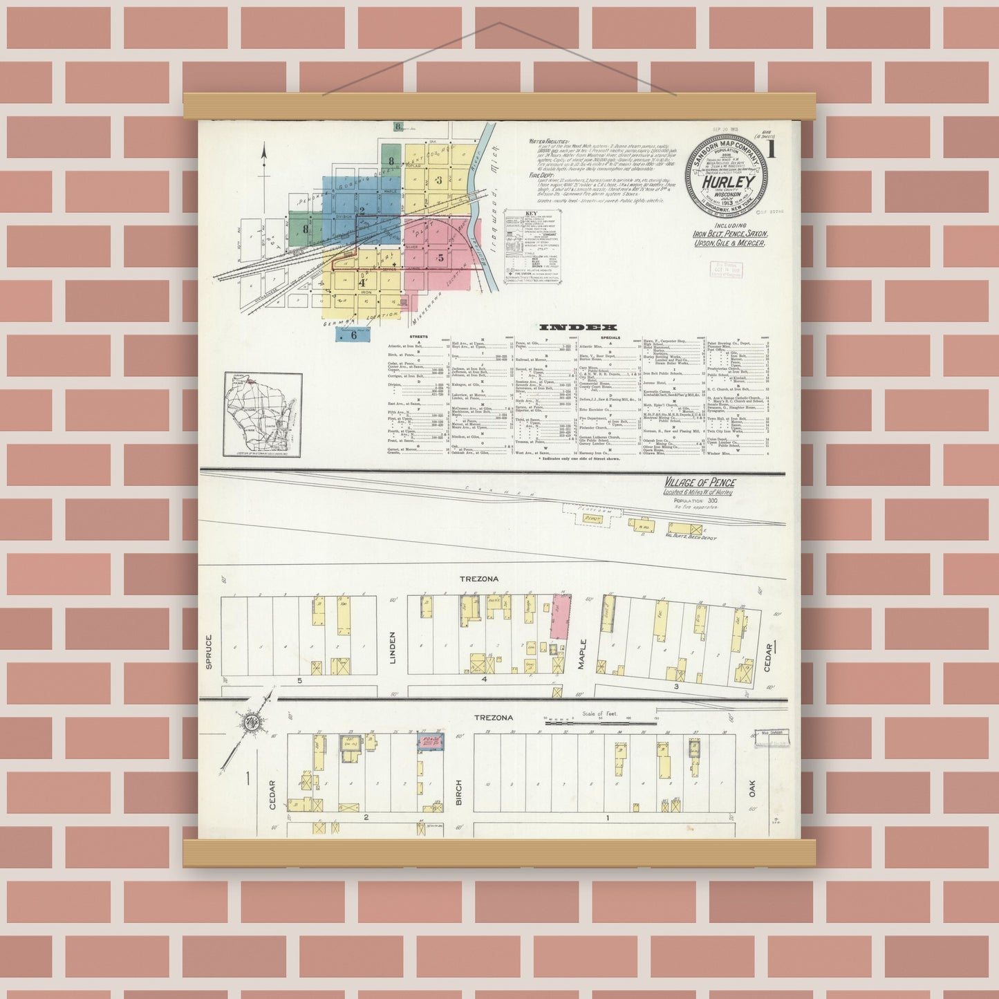 Old map wall art mockup — magnetic wood frame on brick wall — Sanborn Fire Insurance Map from Hurley, Iron County, Wisconsin (1913), Sheet #0001