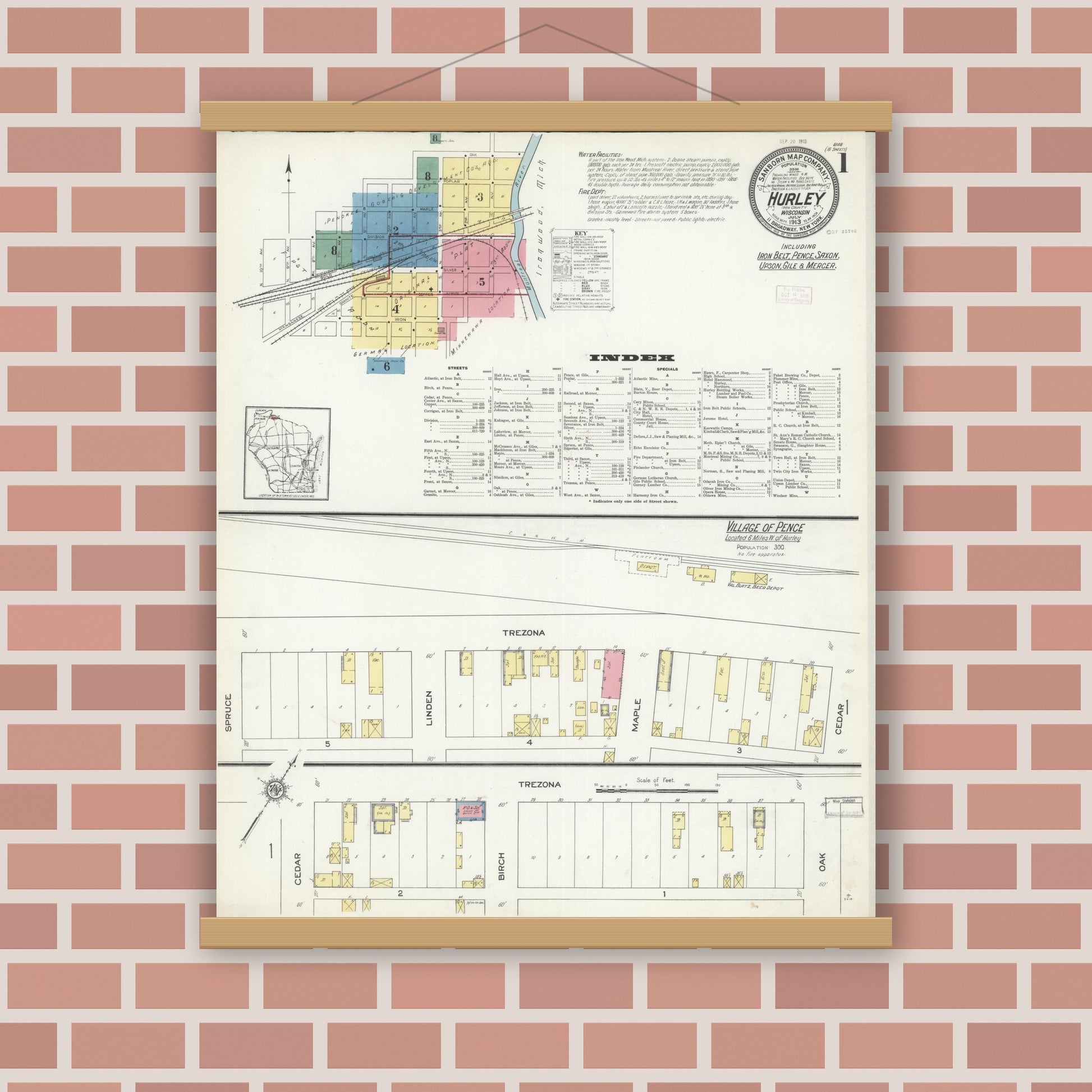 Old map wall art mockup — magnetic wood frame on brick wall — Sanborn Fire Insurance Map from Hurley, Iron County, Wisconsin (1913), Sheet #0001