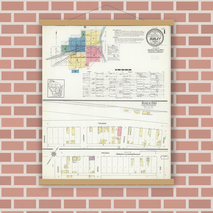Old map wall art mockup — magnetic wood frame on brick wall — Sanborn Fire Insurance Map from Hurley, Iron County, Wisconsin (1913), Sheet #0001