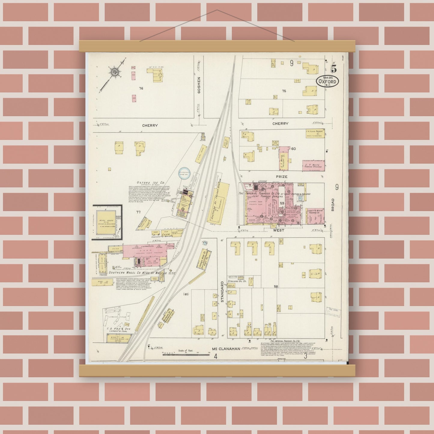 Old map wall art mockup — magnetic wood frame on brick wall — Sanborn Fire Insurance Map from Oxford, Granville County, North Carolina (1915), Sheet #0005