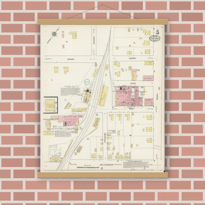 Old map wall art mockup — magnetic wood frame on brick wall — Sanborn Fire Insurance Map from Oxford, Granville County, North Carolina (1915), Sheet #0005