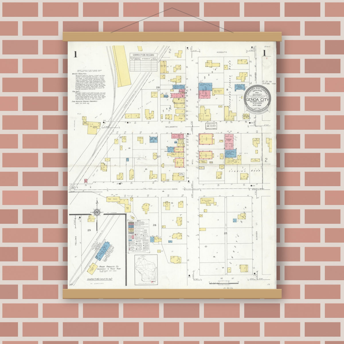 Old map wall art mockup — magnetic wood frame on brick wall — Sanborn Fire Insurance Map from Genoa City, Walworth County, Wisconsin (1934) - Complete Map Set