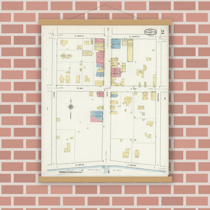 Old map wall art mockup — magnetic wood frame on brick wall — Sanborn Fire Insurance Map from Palmetto, Manatee County, Florida (1917), Sheet #0002