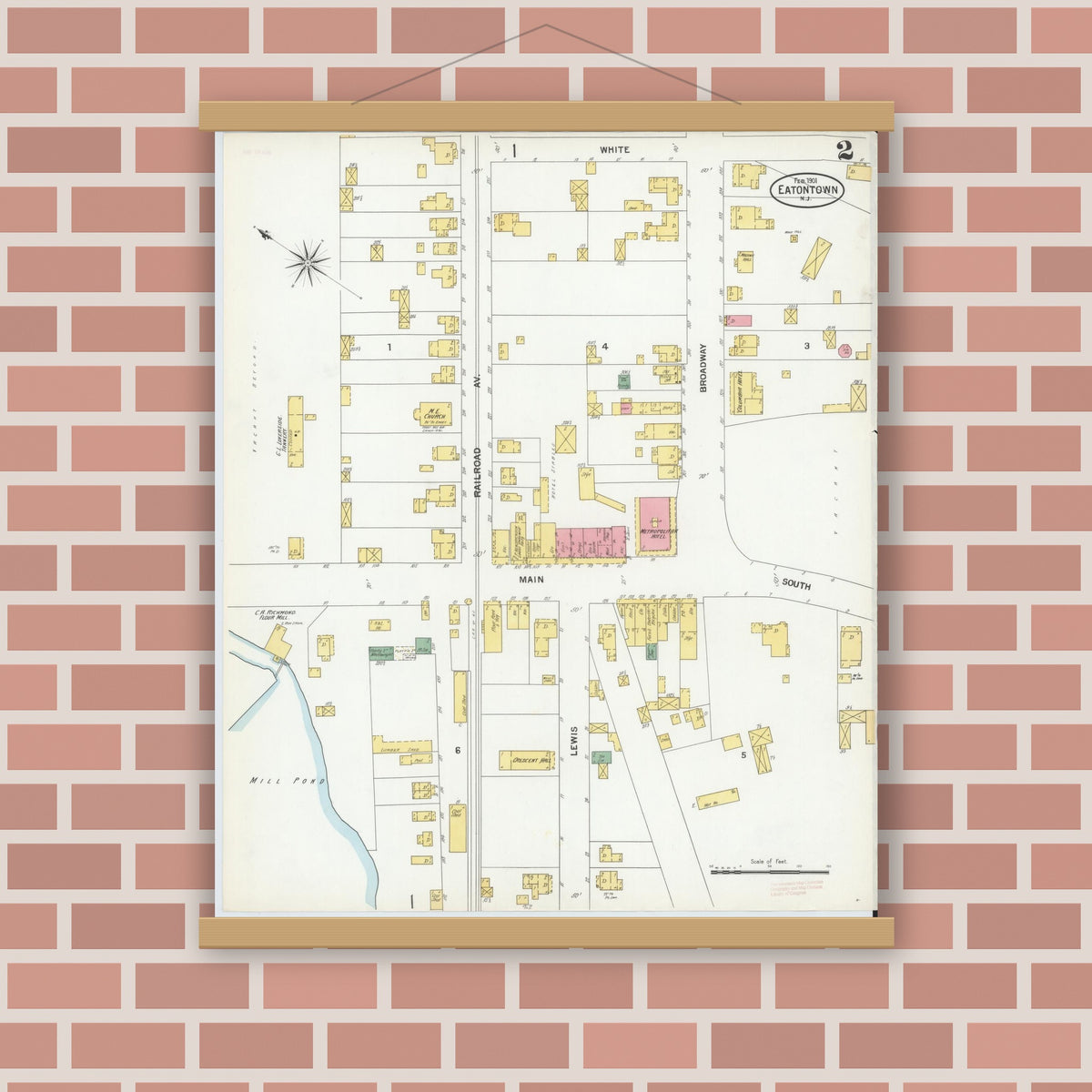 Old map wall art mockup — magnetic wood frame on brick wall — Sanborn Fire Insurance Map from Eatontown, Monmouth County, New Jersey (1901), Sheet #0002