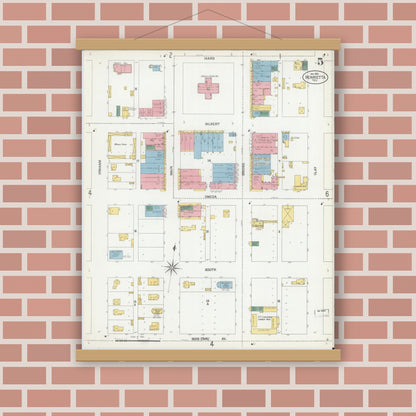 Old map wall art mockup — magnetic wood frame on brick wall — Sanborn Fire Insurance Map from Henrietta, Clay County, Texas (1902), Sheet #0005