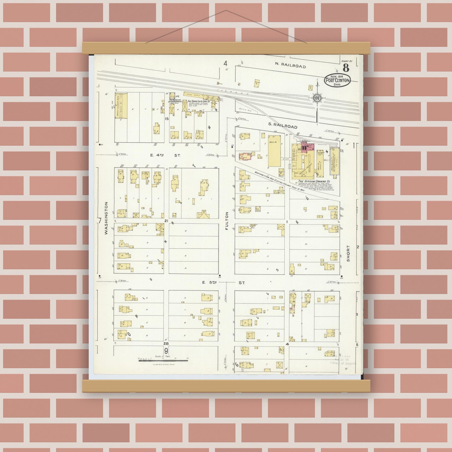 Old map wall art mockup — magnetic wood frame on brick wall — Sanborn Fire Insurance Map from Port Clinton, Ottawa County, Ohio (1916), Sheet #0008