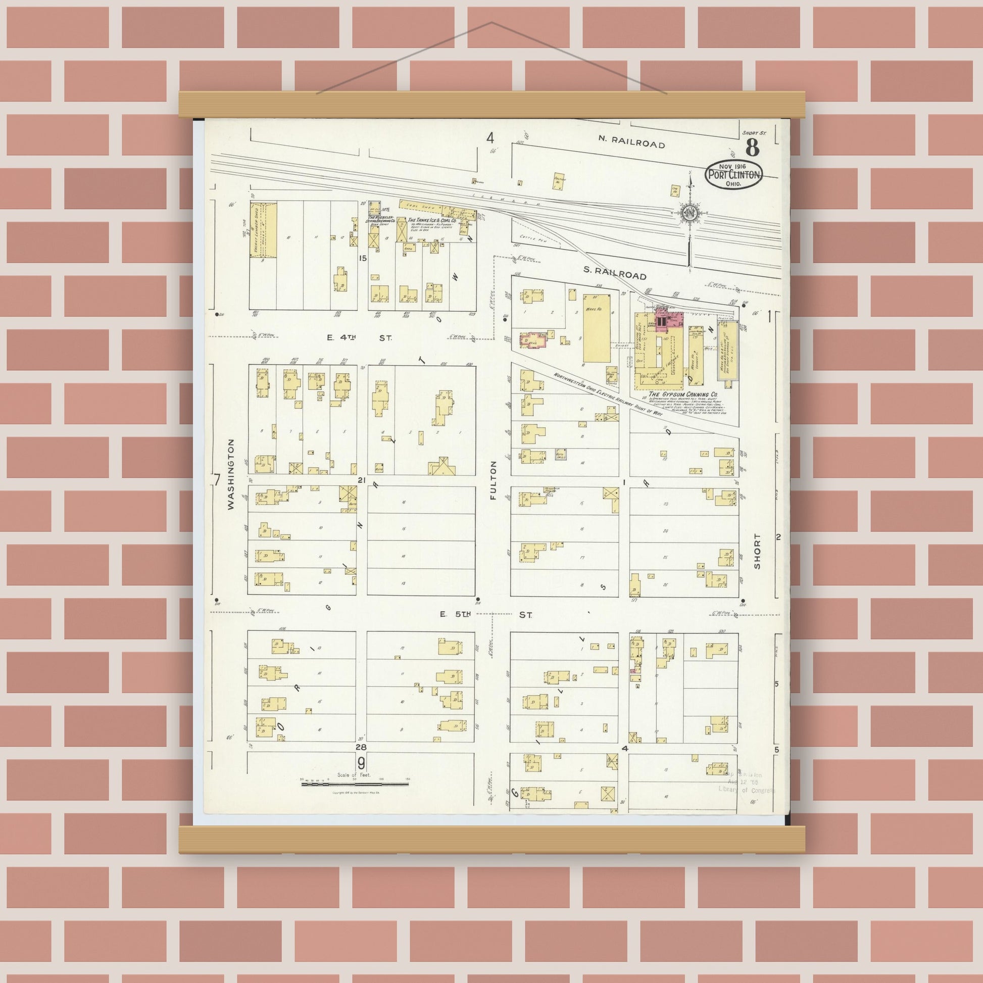 Old map wall art mockup — magnetic wood frame on brick wall — Sanborn Fire Insurance Map from Port Clinton, Ottawa County, Ohio (1916), Sheet #0008