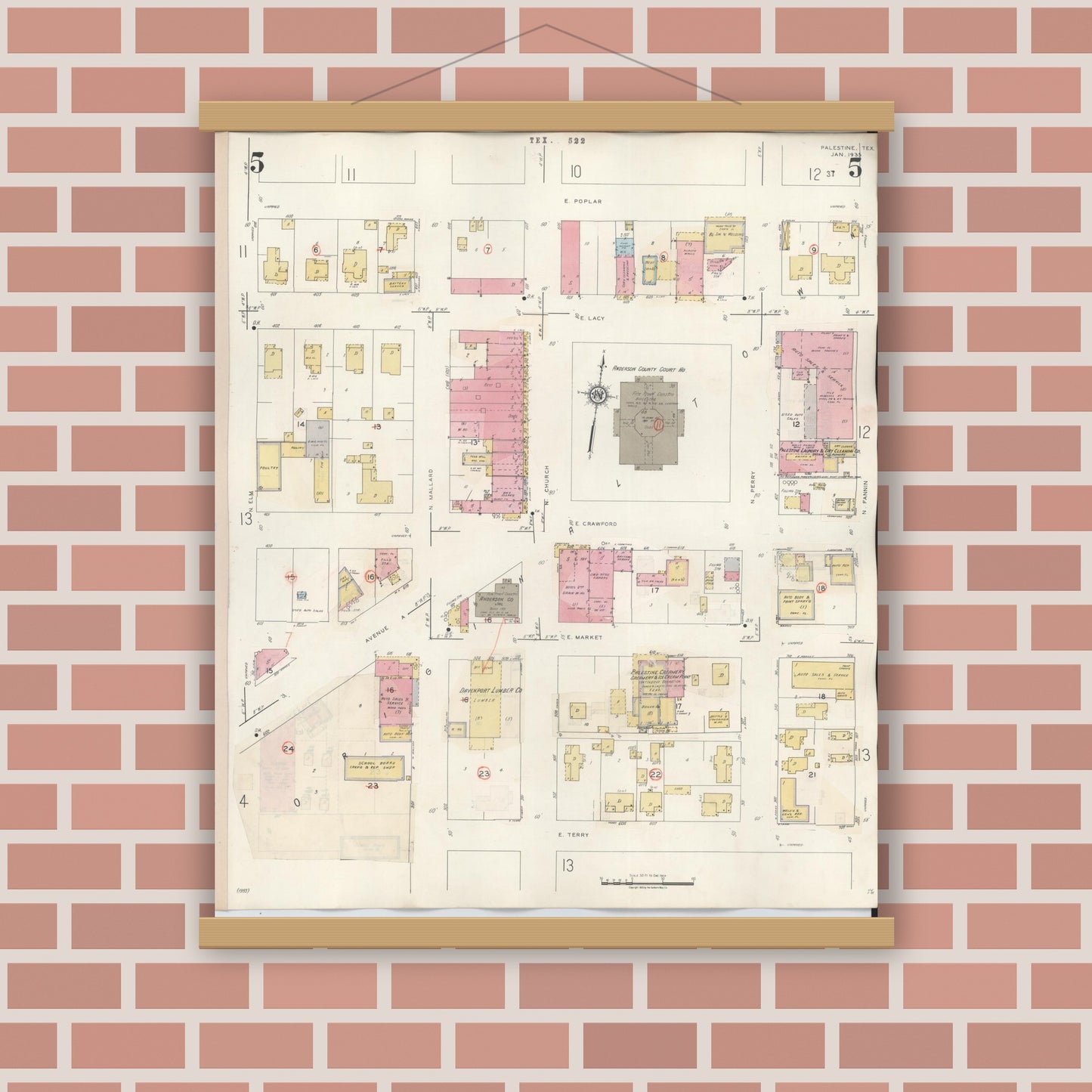 Old map wall art mockup — magnetic wood frame on brick wall — Sanborn Fire Insurance Map from Palestine, Anderson County, Texas (1949), Sheet #0005