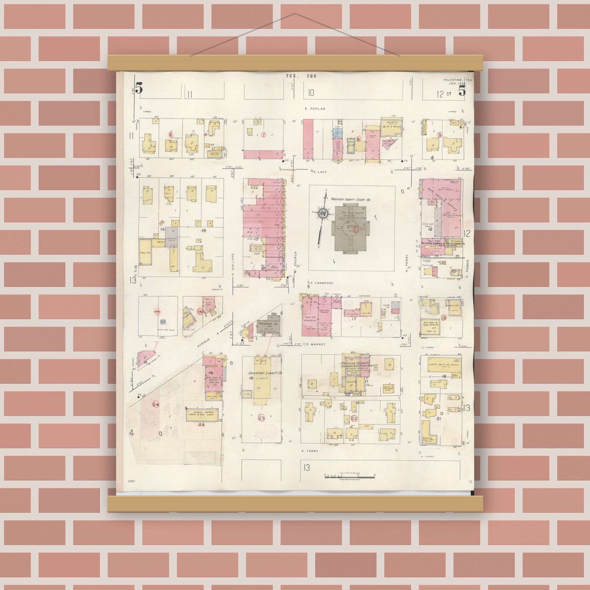 Old map wall art mockup — magnetic wood frame on brick wall — Sanborn Fire Insurance Map from Palestine, Anderson County, Texas (1949), Sheet #0005