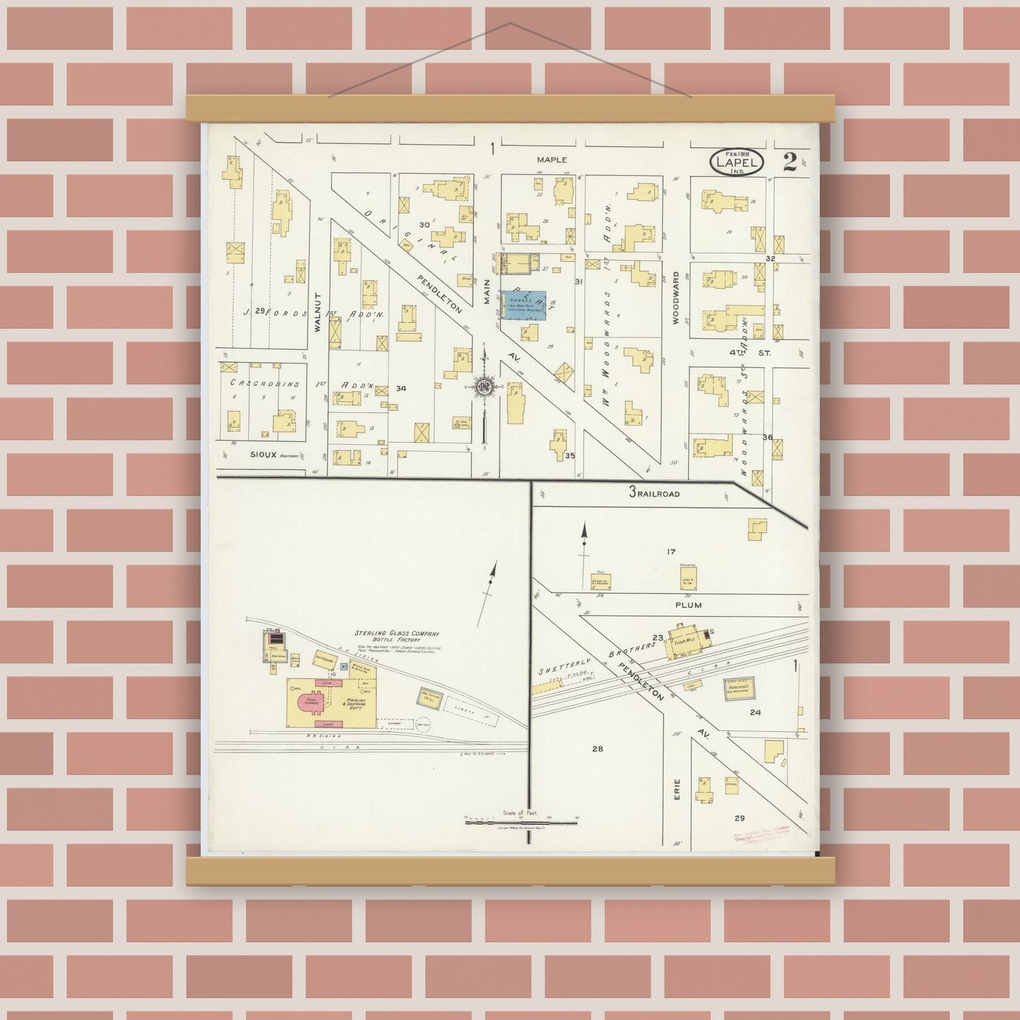 Old map wall art mockup — magnetic wood frame on brick wall — Sanborn Fire Insurance Map from Lapel, Madison County, Indiana (1918), Sheet #0002