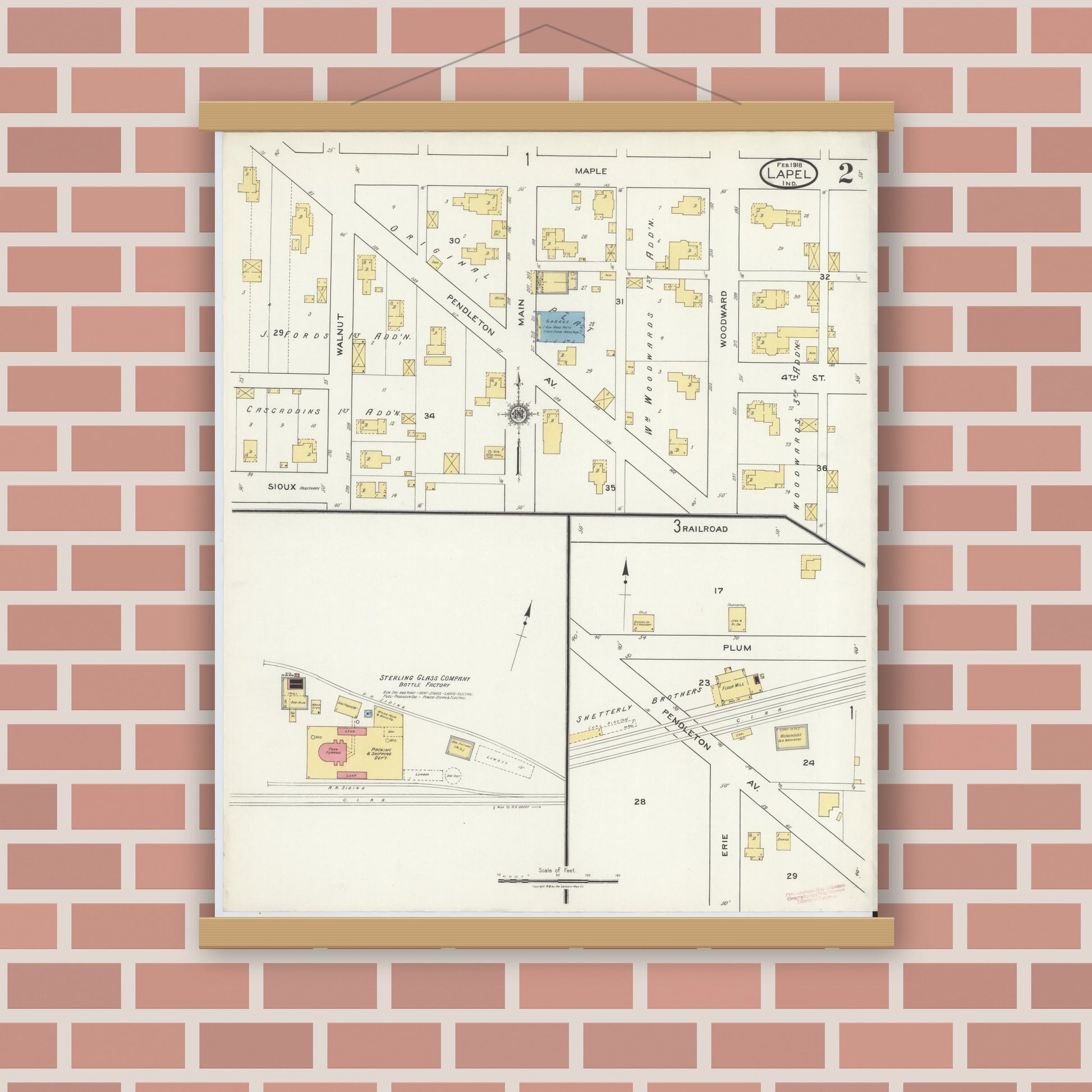 Old map wall art mockup — magnetic wood frame on brick wall — Sanborn Fire Insurance Map from Lapel, Madison County, Indiana (1918), Sheet #0002