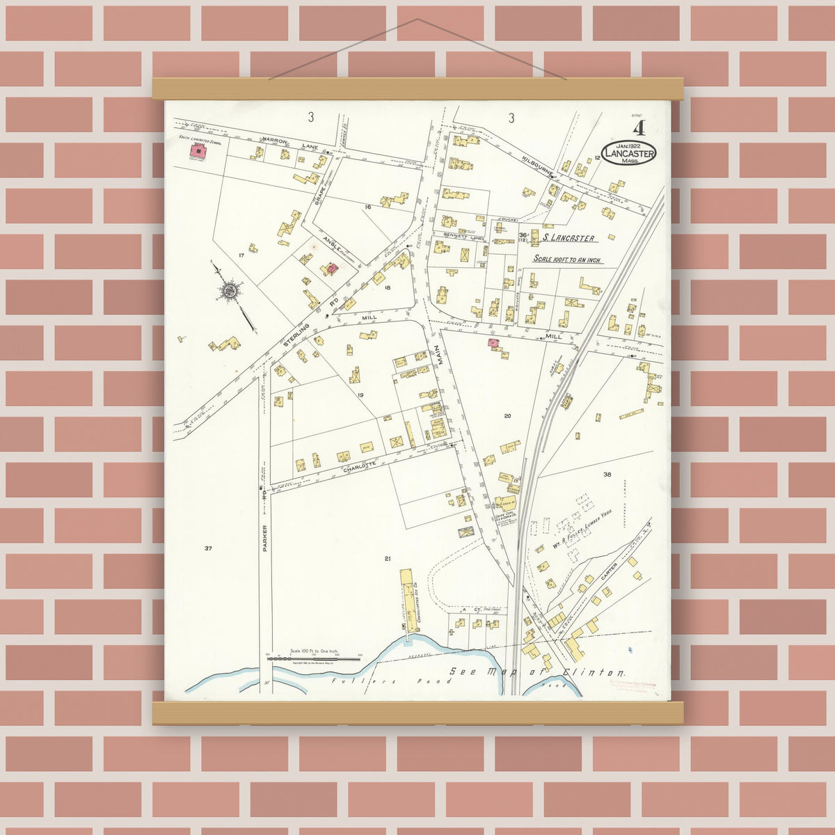 Old map wall art mockup — magnetic wood frame on brick wall — Sanborn Fire Insurance Map from Lancaster, Worcester County, Massachusetts (1922), Sheet #0004