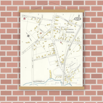 Old map wall art mockup — magnetic wood frame on brick wall — Sanborn Fire Insurance Map from Lancaster, Worcester County, Massachusetts (1922), Sheet #0004
