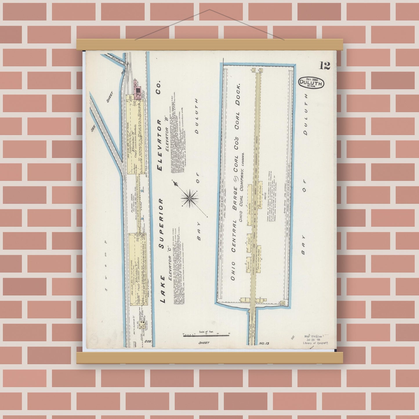 Old map wall art mockup — magnetic wood frame on brick wall — Sanborn Fire Insurance Map from Duluth, Saint Louis County, Minnesota (1885), Sheet #0012