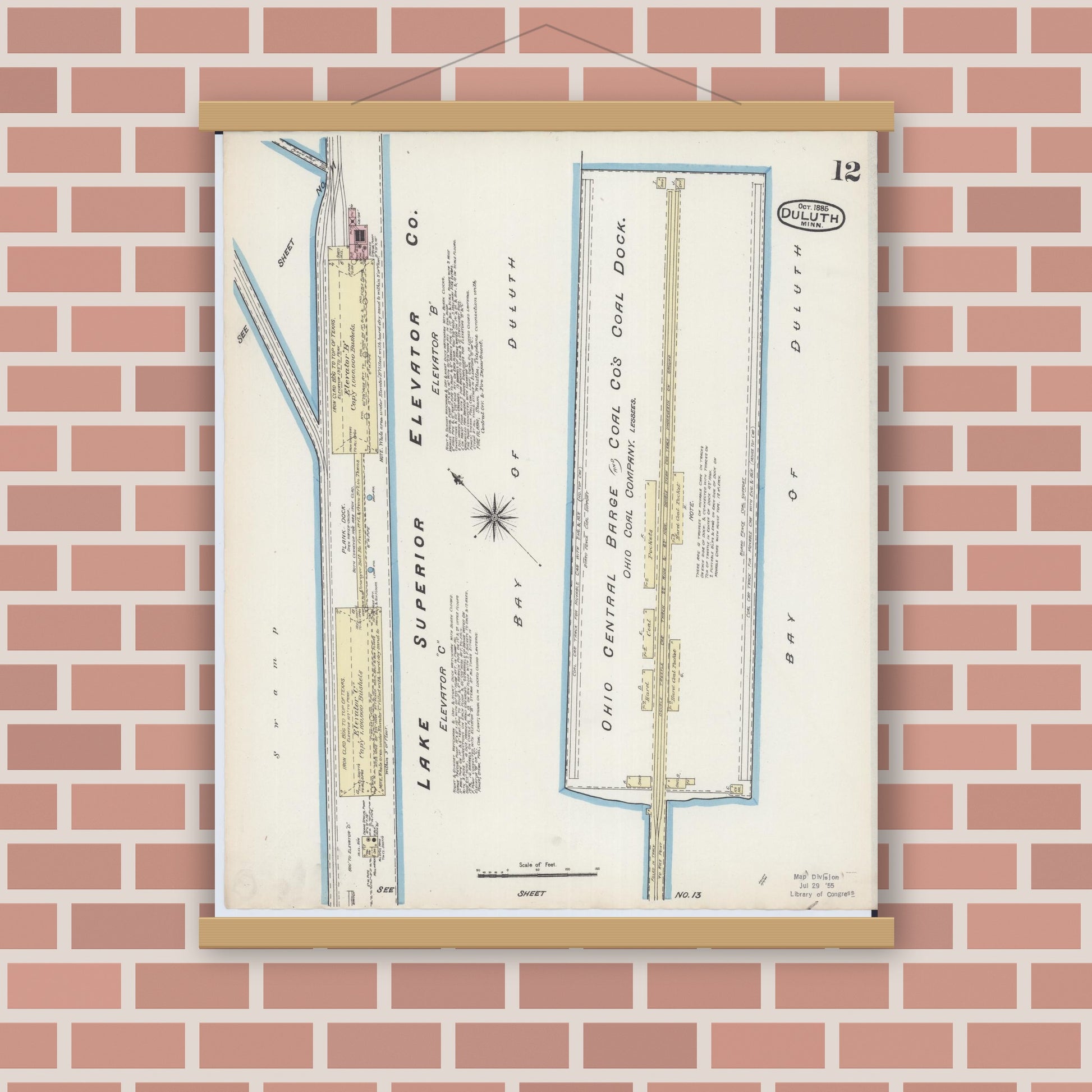 Old map wall art mockup — magnetic wood frame on brick wall — Sanborn Fire Insurance Map from Duluth, Saint Louis County, Minnesota (1885), Sheet #0012
