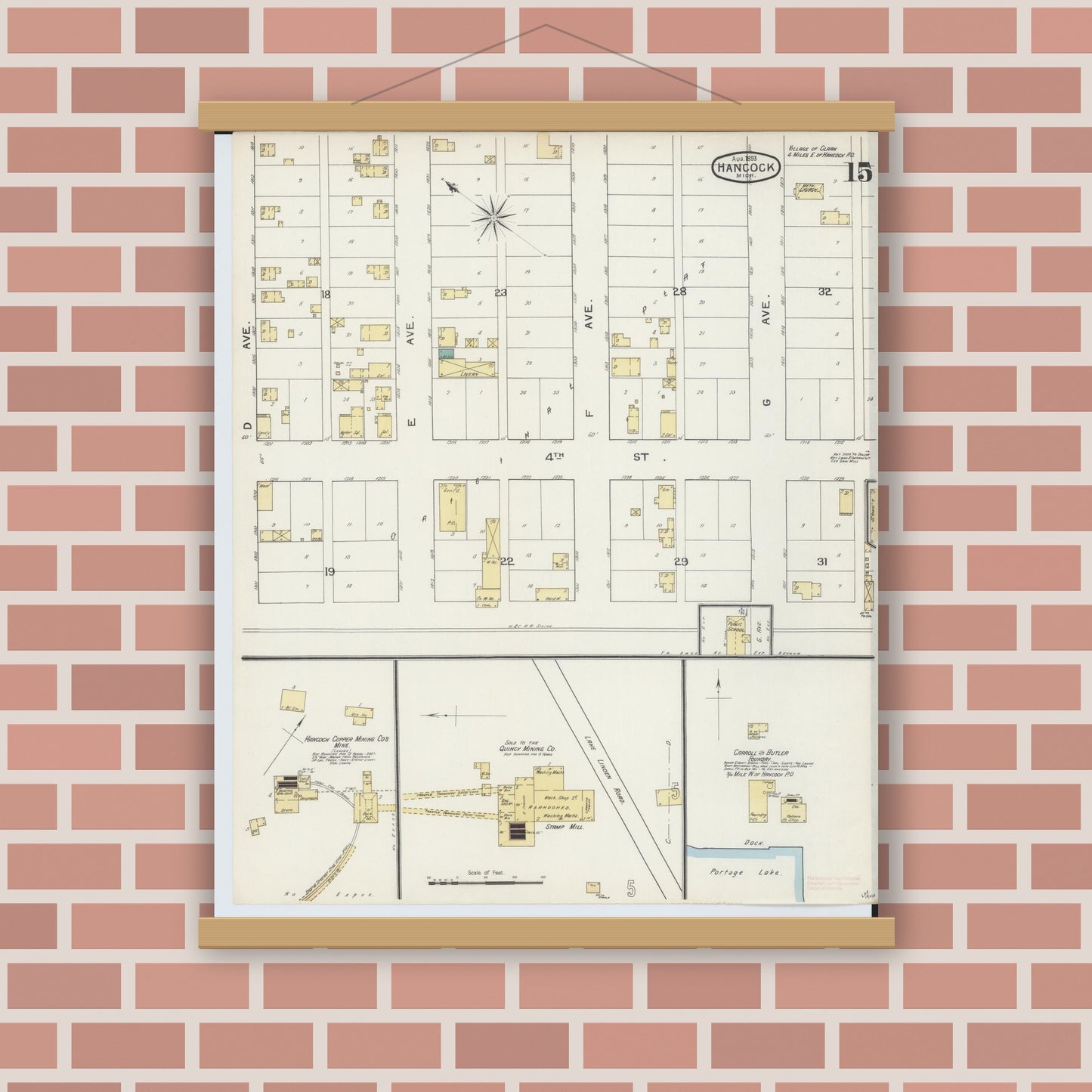 Old map wall art mockup — magnetic wood frame on brick wall — Sanborn Fire Insurance Map from Houghton, Houghton County, Michigan (1893), Sheet #0015