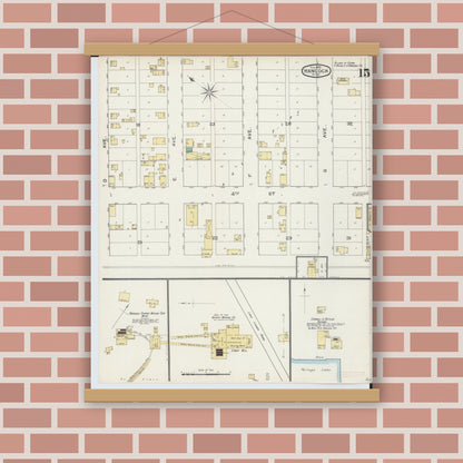 Old map wall art mockup — magnetic wood frame on brick wall — Sanborn Fire Insurance Map from Houghton, Houghton County, Michigan (1893), Sheet #0015
