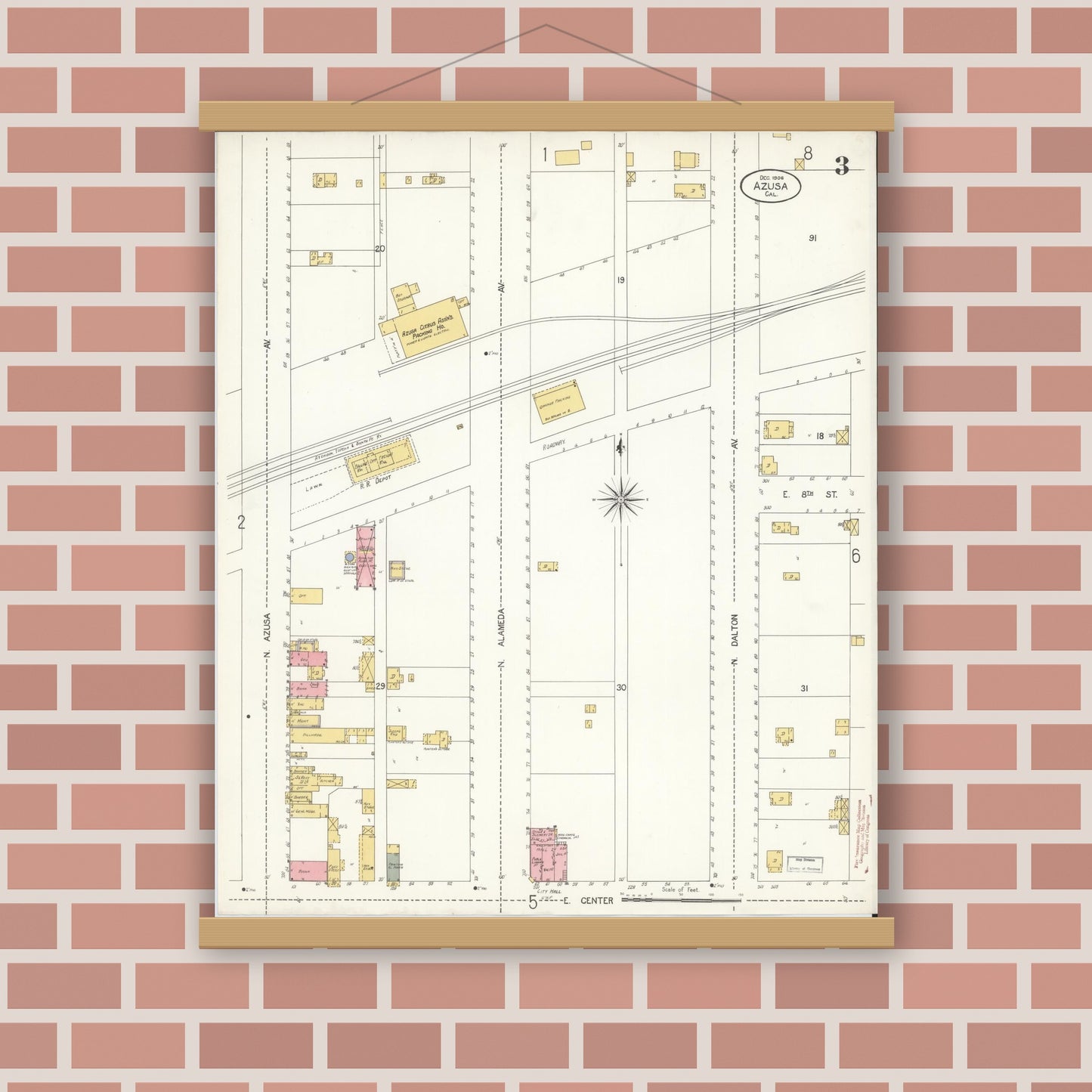 Old map wall art mockup — magnetic wood frame on brick wall — Sanborn Fire Insurance Map from Azusa, Los Angeles County, California (1906), Sheet #0003