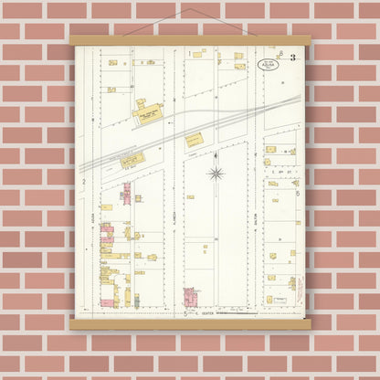 Old map wall art mockup — magnetic wood frame on brick wall — Sanborn Fire Insurance Map from Azusa, Los Angeles County, California (1906), Sheet #0003
