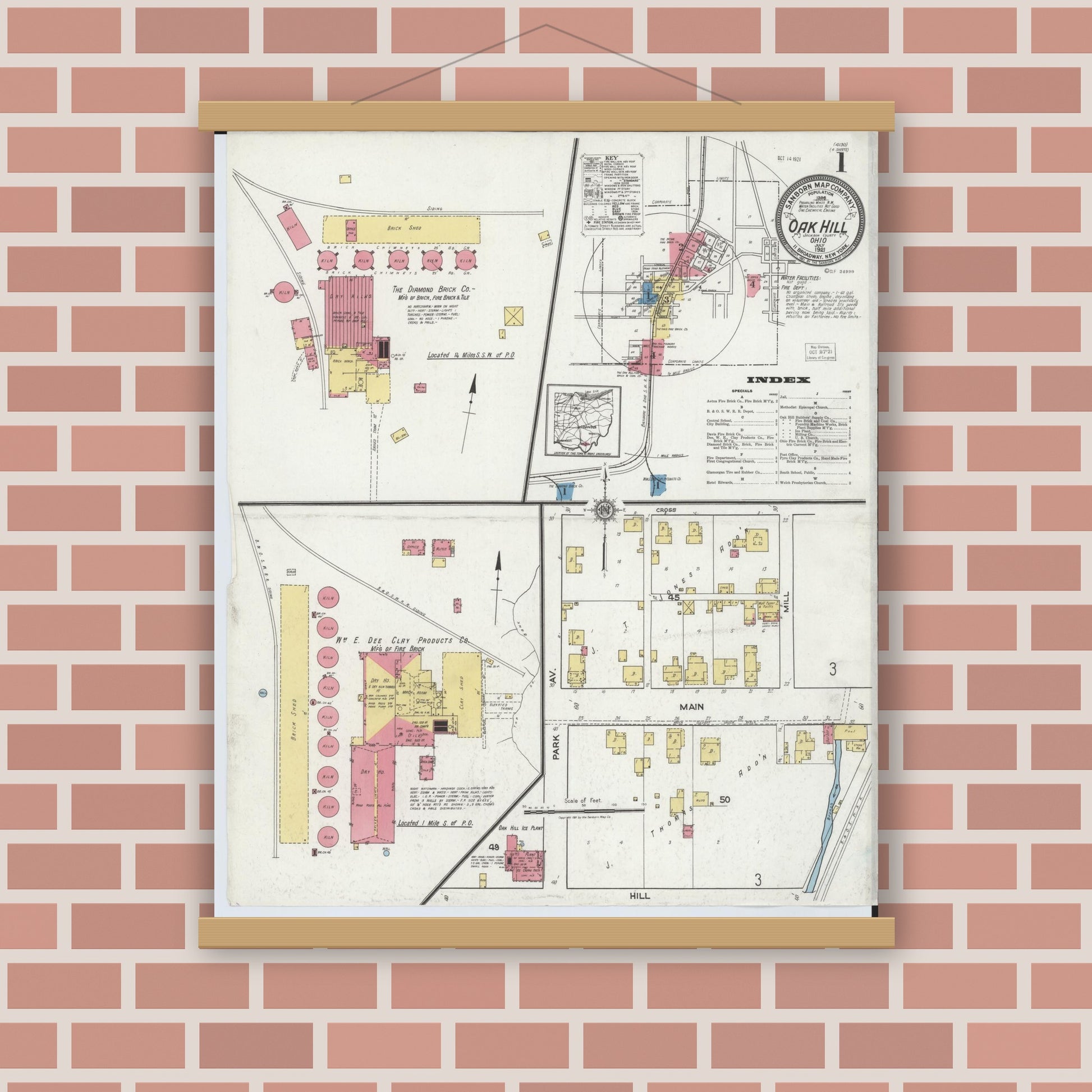 Old map wall art mockup — magnetic wood frame on brick wall — Sanborn Fire Insurance Map from Oak Hill, Jackson County, Ohio (1921) - Complete Map Set