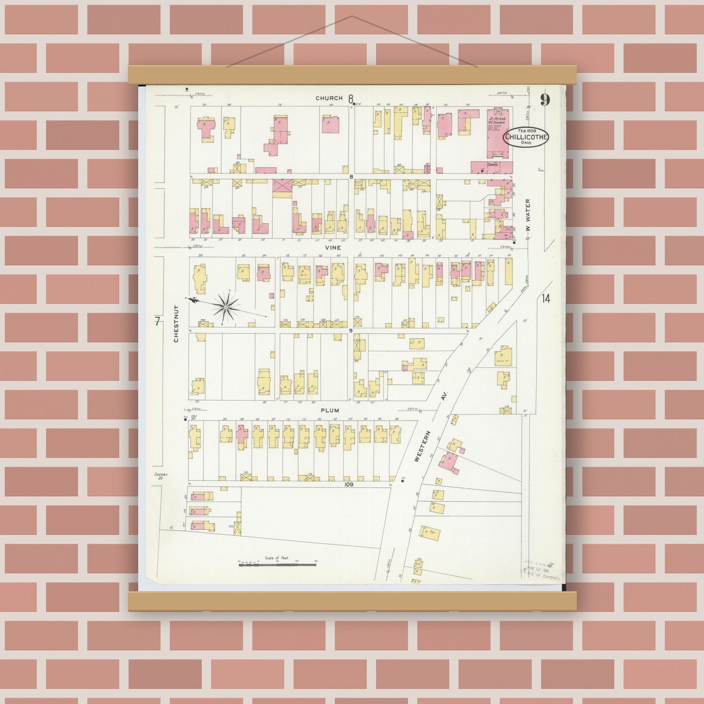 Old map wall art mockup — magnetic wood frame on brick wall — Sanborn Fire Insurance Map from Chillicothe, Ross County, Ohio (1909), Sheet #0009