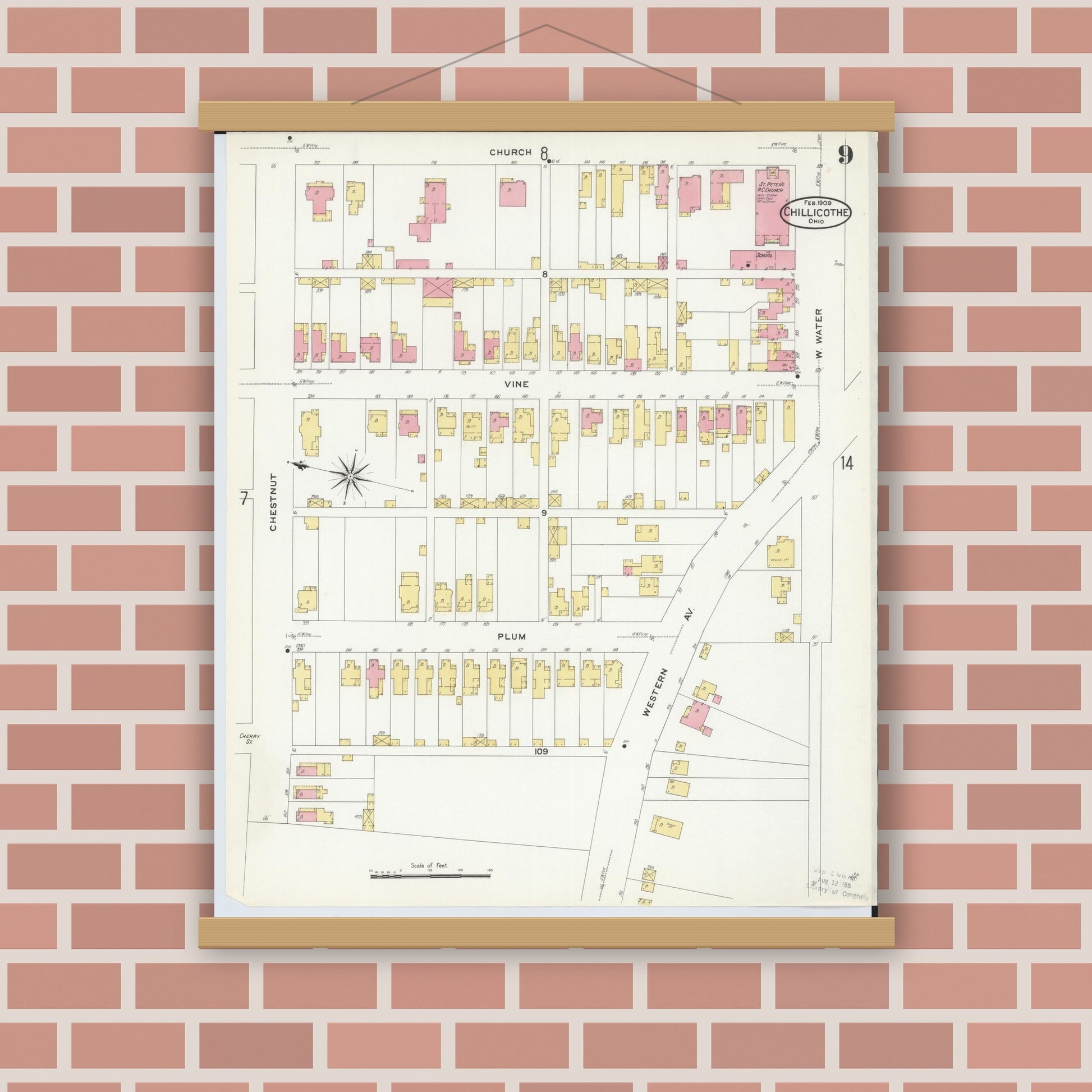 Old map wall art mockup — magnetic wood frame on brick wall — Sanborn Fire Insurance Map from Chillicothe, Ross County, Ohio (1909), Sheet #0009