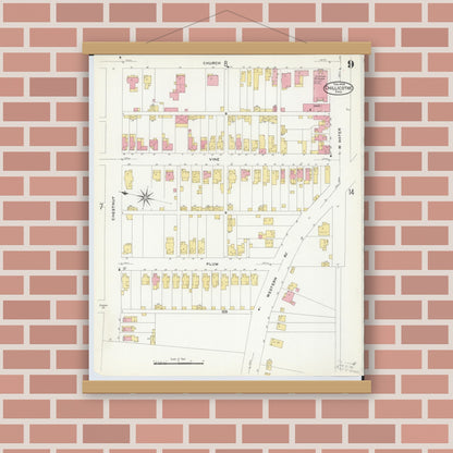 Old map wall art mockup — magnetic wood frame on brick wall — Sanborn Fire Insurance Map from Chillicothe, Ross County, Ohio (1909), Sheet #0009