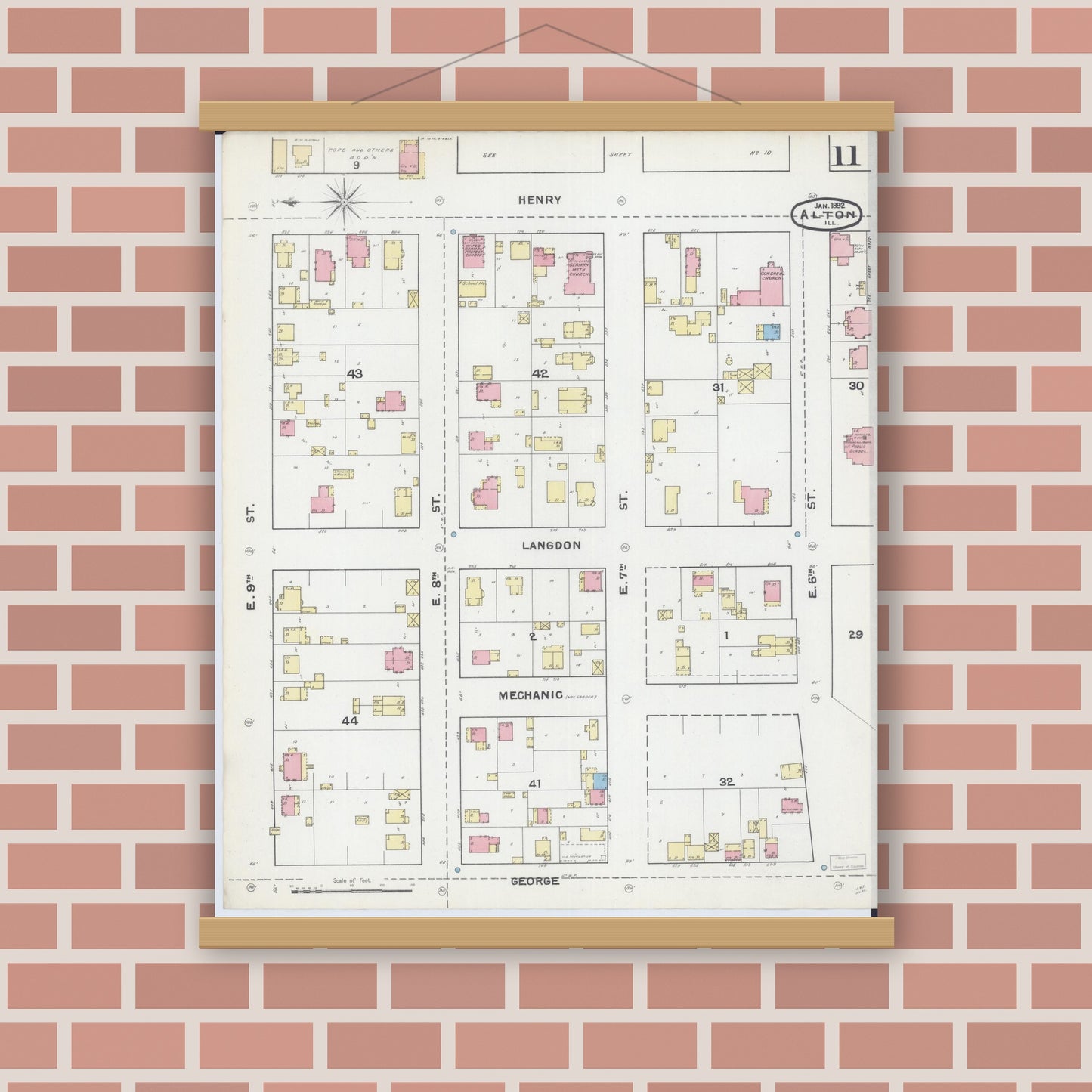 Old map wall art mockup — magnetic wood frame on brick wall — Sanborn Fire Insurance Map from Alton, Madison County, Illinois (1892), Sheet #0011