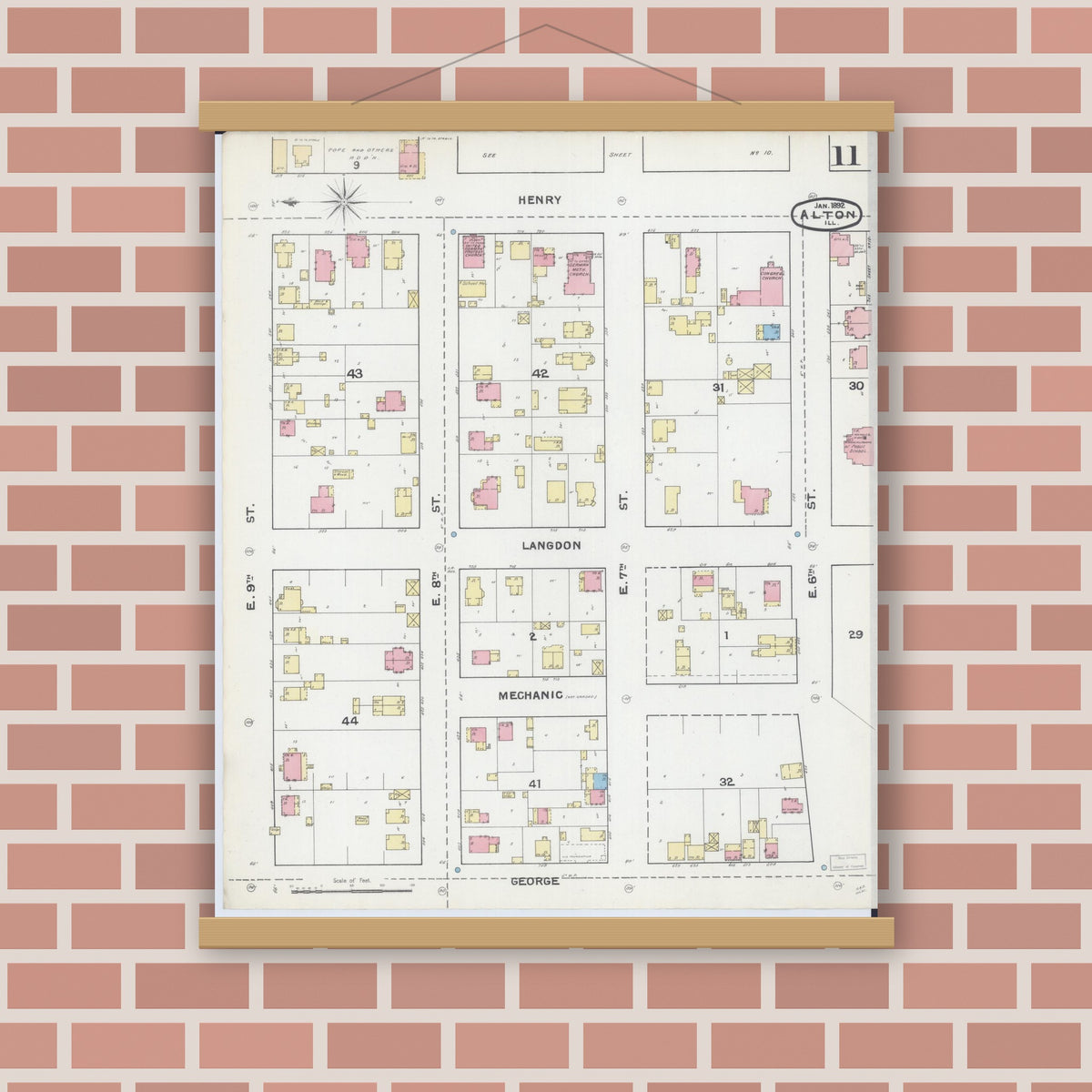 Old map wall art mockup — magnetic wood frame on brick wall — Sanborn Fire Insurance Map from Alton, Madison County, Illinois (1892), Sheet #0011