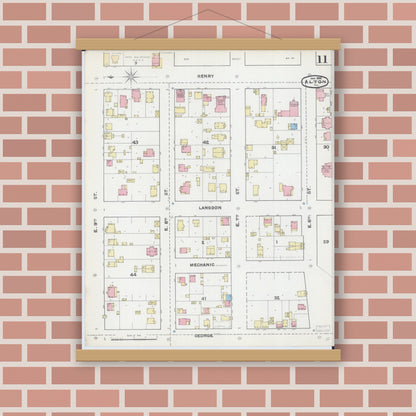 Old map wall art mockup — magnetic wood frame on brick wall — Sanborn Fire Insurance Map from Alton, Madison County, Illinois (1892), Sheet #0011