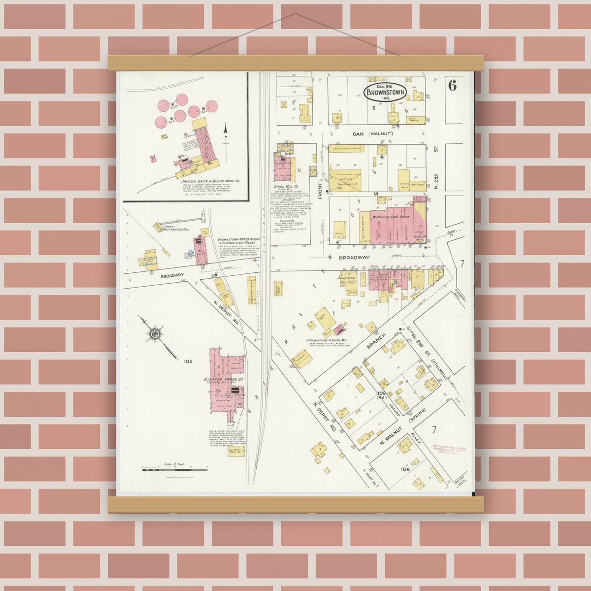 Old map wall art mockup — magnetic wood frame on brick wall — Sanborn Fire Insurance Map from Brownstown, Jackson County, Indiana (1916), Sheet #0006